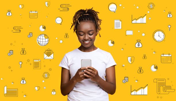 A smiling student on her phone, surrounded by money, savings and budgeting icons