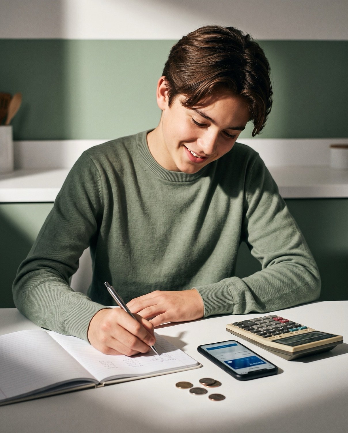 A high school student writing a monthly budget beside a calculator and a banking app